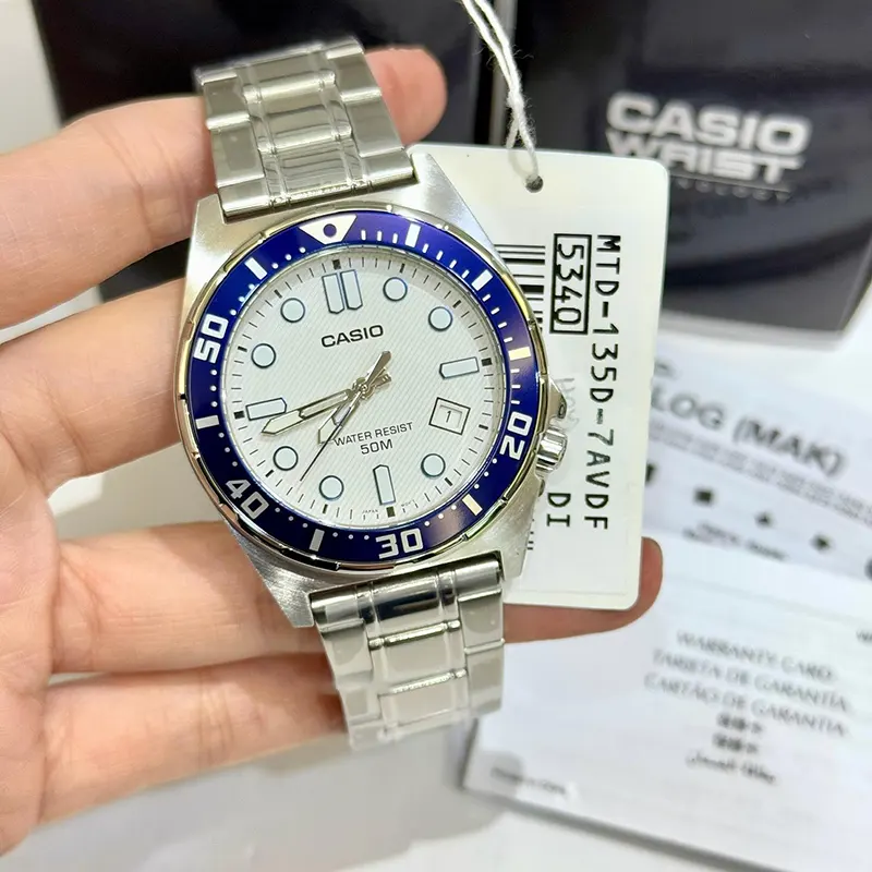 Casio Enticer White Dial Blue Bezel Men's Watch- MTD-135D-7AV